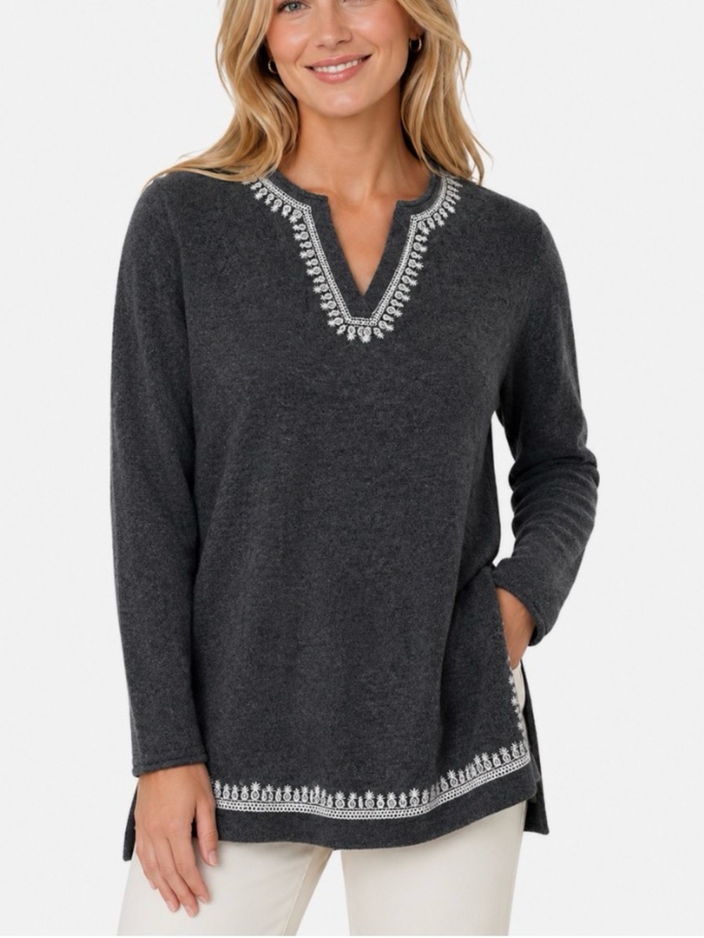 Tommy Bahama 100% Cashmere Sweater V-Neck Tunic Embroidered Charcoal Women’s L